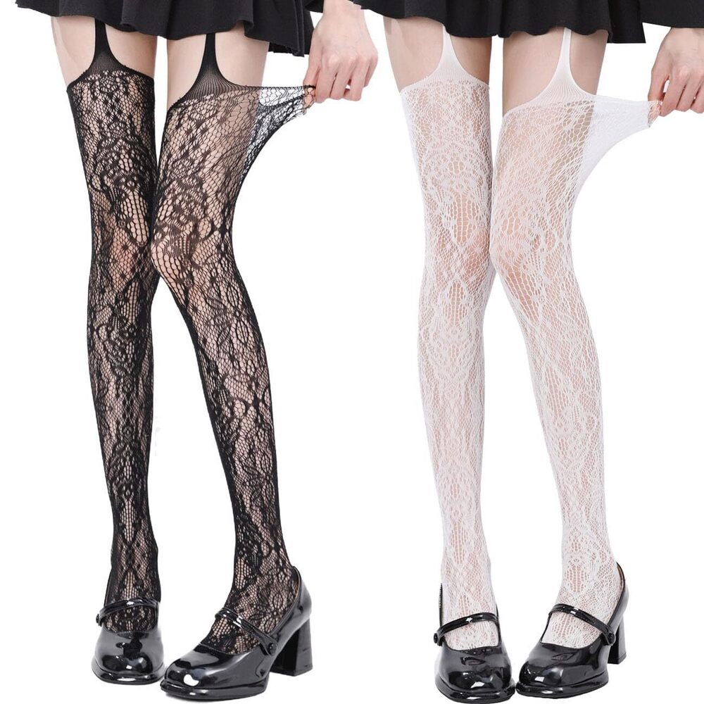 1378 2-Pack Y2K Goth Fishnet Tights Ripped Thigh High Stockings with Garter